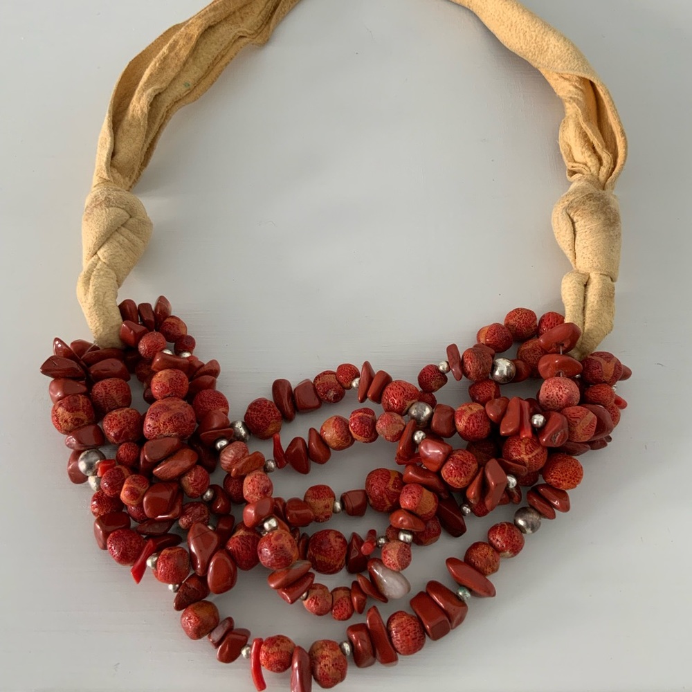Coral, Carnelian, and Suede Vintage Necklace